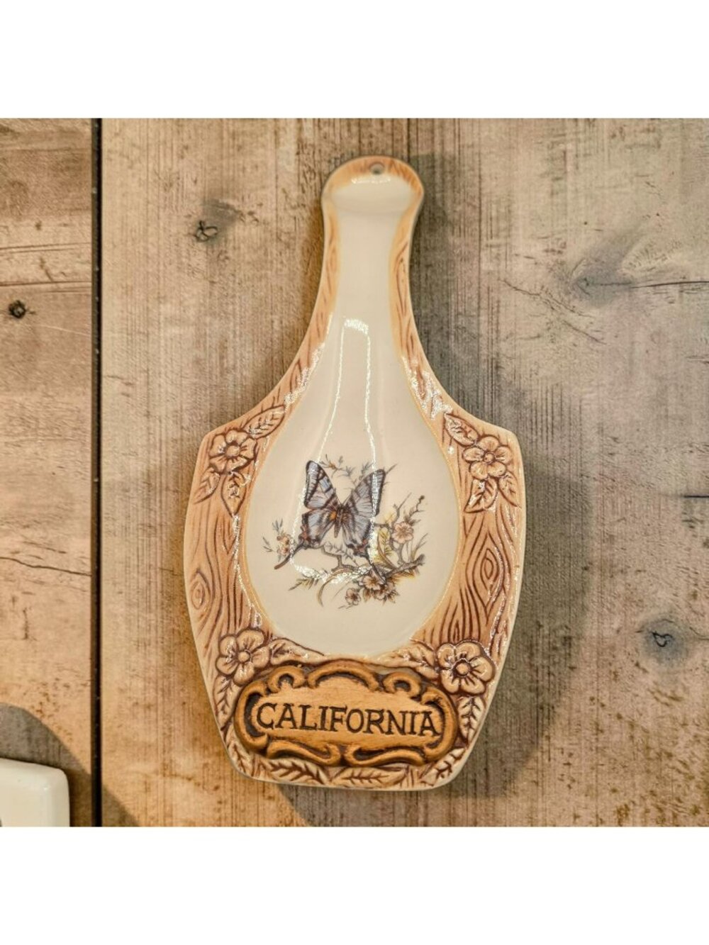 Treasure Craft California Ceramic Spoon Rest Butterfly Design Floral Details 10"